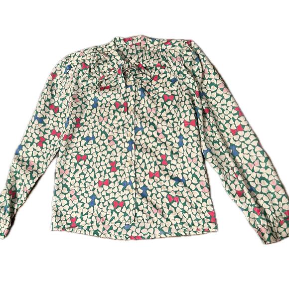 Vintage Novelty Bow Print Blouse Top Dickie Tie / Womens XS Bust 33 - Picture 3 of 4